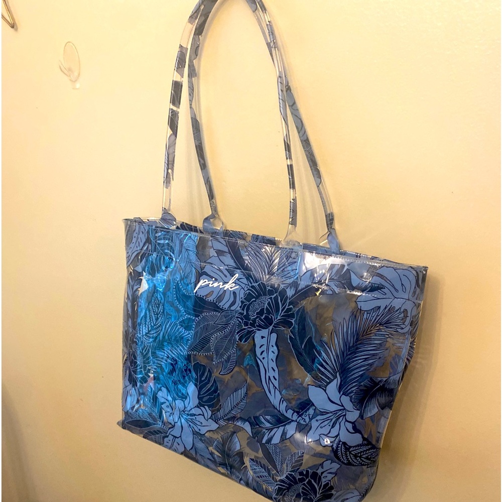 Victoria's Secret Pink Travel Beach Bag Clear Tote & Makeup Bag Blue Ferns nwot